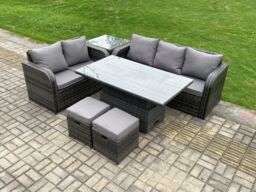 Fimous Outdoor Rattan Garden Furniture Sets Height Adjustable Rising lifting Dining Table Lounge Sofa Set With Side Table in Dark Grey - thumbnail 2