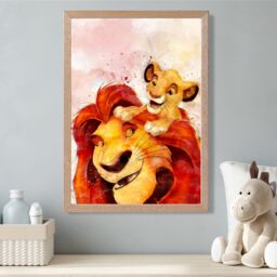 ARTZE Mufasa & Simba Watercolour Lion King Framed Print SIZE: A4 with Oak Frame in Red - thumbnail 2