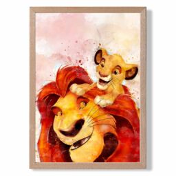 ARTZE Mufasa & Simba Watercolour Lion King Framed Print SIZE: A4 with Oak Frame in Red