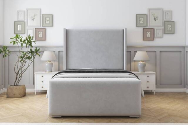 "Sloomy Devonshire Plush Bed Frame With 50"" Upholstered Wingback Headboard in Silver - Size: Single" - image 1