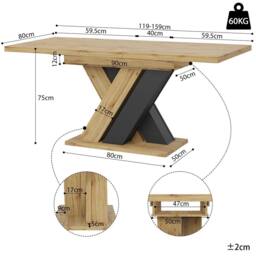 BTM Extendable Dining Table with X-Legs, 119-158.5cm, Wood-Colored in Natural - thumbnail 8