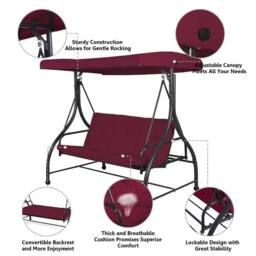 Costway Patio Swing 3-Person Convertible Canopy Swing w/Cushion Seats in Wine - thumbnail 3