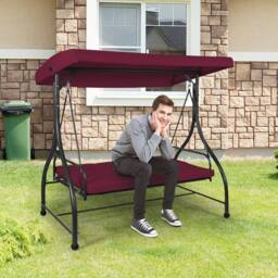 Costway Patio Swing 3-Person Convertible Canopy Swing w/Cushion Seats in Wine - thumbnail 5