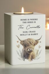 Personalised Memento Company Personalised Highland Cow Wooden Tealight Holder in White - thumbnail 4