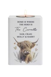 Personalised Memento Company Personalised Highland Cow Wooden Tealight Holder in White - thumbnail 1