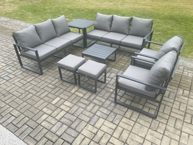 Fimous Aluminium Patio Outdoor Garden Furniture Lounge Sofa Set with Square Coffee Table 2 Chairs Side Table 2 Small Footstool Dark Grey - image 1