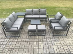 Fimous Aluminium Patio Outdoor Garden Furniture Lounge Sofa Set with Square Coffee Table 2 Chairs Side Table 2 Small Footstool Dark Grey - thumbnail 2