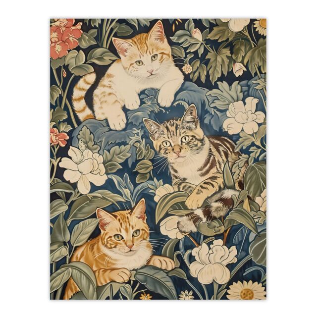 "Artery8 Kittens in Flowers Painting Animal Lover Wall Art Print in Green - Size: W18"" x H24""" - image 1