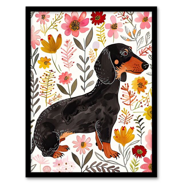 "Artery8 Dachshund Sausage Dog Lover Floral Watercolour Framed Wall Art - Size: W12"" x H16""" - image 1