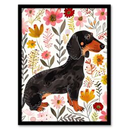 "Artery8 Dachshund Sausage Dog Lover Floral Watercolour Framed Wall Art - Size: W12"" x H16""" - thumbnail 1