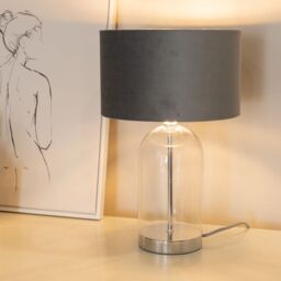 ValueLights Jessy Glass with Silver Table Lamp with Grey Velvet & Chrome Inner Shade & Bulb