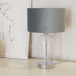 ValueLights Jessy Glass with Silver Table Lamp with Grey Velvet & Chrome Inner Shade & Bulb - thumbnail 3