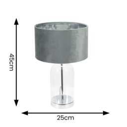 ValueLights Jessy Glass with Silver Table Lamp with Grey Velvet & Chrome Inner Shade & Bulb - thumbnail 4