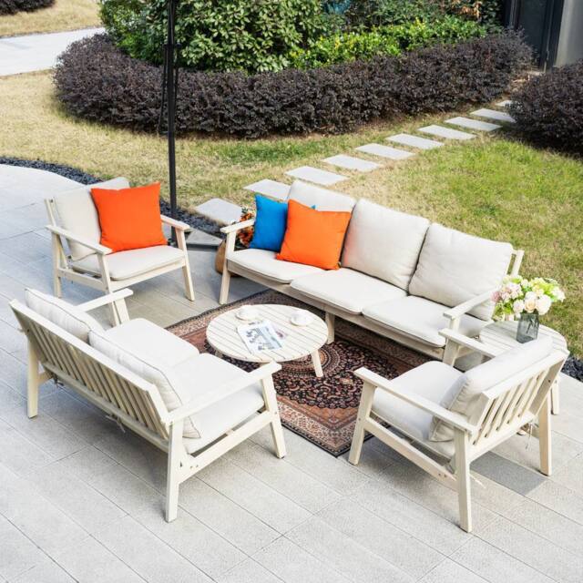 Direct Wicker 6-Piece Acacia Wood Outdoor Sectional Sofa Set, Naturally Sanded in Cream - Size: 5 Pack - image 1