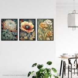 Artery8 Wall Art Print Set of 3 Elegant Single Anemone Chrysanthemum Freesia Flowers Floral Colour Reds Rust Orange Artwork Living Room Poster s Pack - thumbnail 3