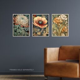 Artery8 Wall Art Print Set of 3 Elegant Single Anemone Chrysanthemum Freesia Flowers Floral Colour Reds Rust Orange Artwork Living Room Poster s Pack - thumbnail 2
