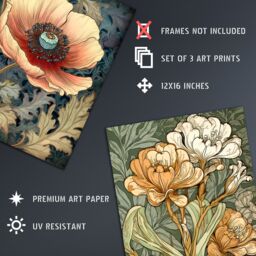 Artery8 Wall Art Print Set of 3 Elegant Single Anemone Chrysanthemum Freesia Flowers Floral Colour Reds Rust Orange Artwork Living Room Poster s Pack - thumbnail 4