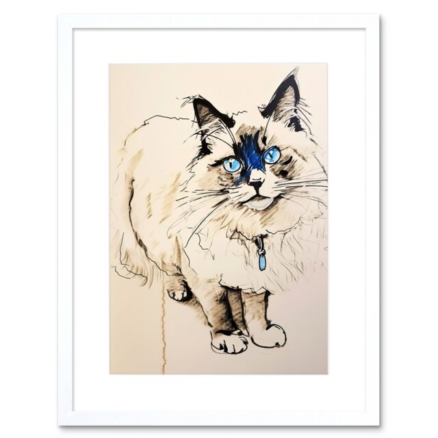"Artery8 Wall Art Print Blue Point Ragdoll Cat Sketch Drawing Portrait Artwork Framed 9X7 Inch in White - Size: W7"" x H9""" - image 1