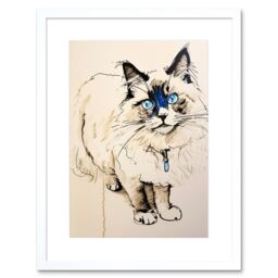 "Artery8 Wall Art Print Blue Point Ragdoll Cat Sketch Drawing Portrait Artwork Framed 9X7 Inch in White - Size: W7"" x H9""" - thumbnail 1