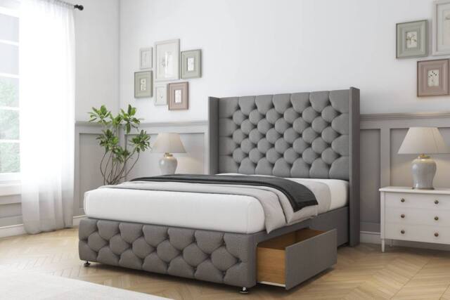 "Sloomy Luthor Dumfries Divan Set No Drawers-54"" Wingback-Footboard in Light Grey - Size: King" - image 1