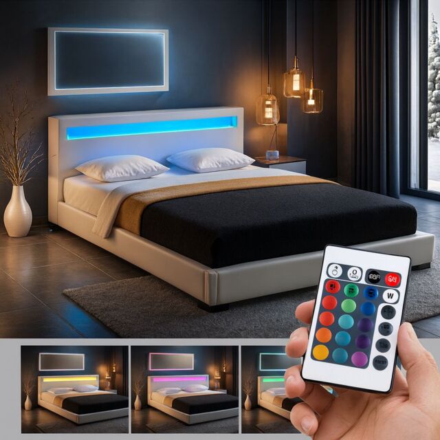 Harmin White Double 4ft6 LED Faux Leather LED Upholstered Bed Frame - image 1