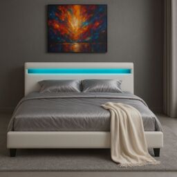 Harmin White Double 4ft6 LED Faux Leather LED Upholstered Bed Frame - thumbnail 3