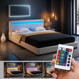 Harmin White Double 4ft6 LED Faux Leather LED Upholstered Bed Frame - thumbnail 1