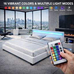 Harmin White Double 4ft6 LED Faux Leather LED Upholstered Bed Frame - thumbnail 2