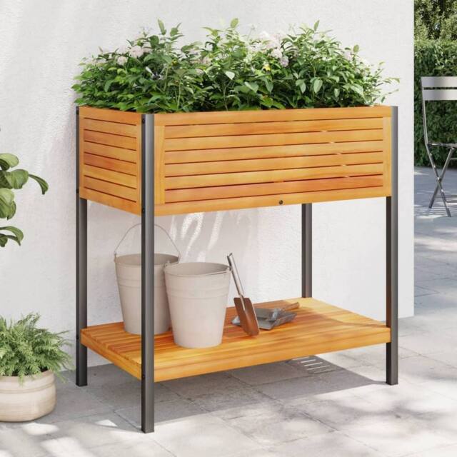 Berkfield Home Garden Planter with Shelf 80x45x80 cm Solid Wood Acacia & Steel in Brown - Size: 80 x 45 x 80 cm - image 1
