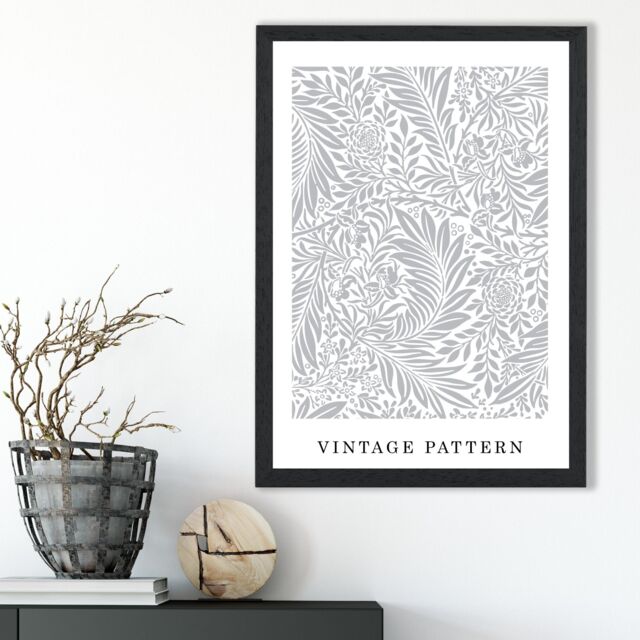 ARTZE Vintage William Morris Larkspur in Grey & White Art Print / Black Frame / SIZE: A3 - Size: A4 - image 1