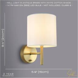 Happy Homewares Contemporary Bedside Wall Lamp with Toggle Switch & White Fabric Shade in Metallic Gold - thumbnail 6