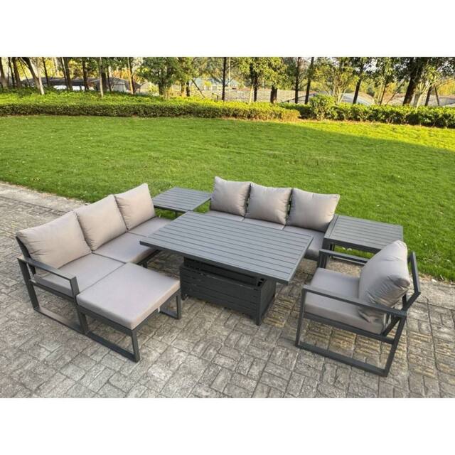 Fimous Aluminum 8-Seater Sofa Dining Set with Lifting Table, 2 Side Tables in Dark Grey - image 1
