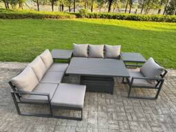 Fimous Aluminum 8-Seater Sofa Dining Set with Lifting Table, 2 Side Tables in Dark Grey - thumbnail 2