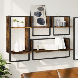 Berkfield Home 4 Piece Wall Shelf Set with Bars Smoked Oak Engineered Wood in Brown - thumbnail 1
