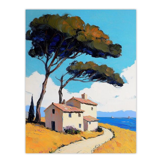 "Artery8 Holiday Cottage By Sea Coastal Spain Painting Wall Art Print in Blue - Size: W12"" x H16""" - image 1