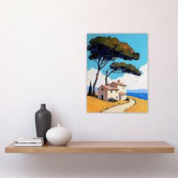 "Artery8 Holiday Cottage By Sea Coastal Spain Painting Wall Art Print in Blue - Size: W12"" x H16""" - thumbnail 4