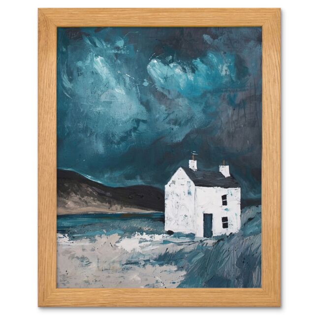 "Artery8 Scottish Coastal Cottage Night Painting Hills Art Oak Wood Framed Wall Print in Blue - Size: W12"" x H16"" x D20mm"
