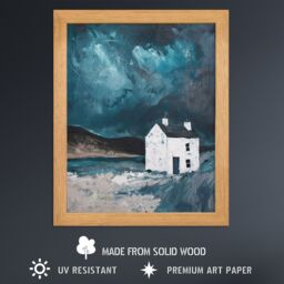 "Artery8 Scottish Coastal Cottage Night Painting Hills Art Oak Wood Framed Wall Print in Blue - Size: W12"" x H16"" x D20mm" - thumbnail 3