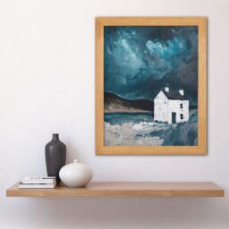 "Artery8 Scottish Coastal Cottage Night Painting Hills Art Oak Wood Framed Wall Print in Blue - Size: W12"" x H16"" x D20mm" - thumbnail 4