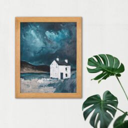 "Artery8 Scottish Coastal Cottage Night Painting Hills Art Oak Wood Framed Wall Print in Blue - Size: W12"" x H16"" x D20mm" - thumbnail 2