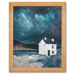 "Artery8 Scottish Coastal Cottage Night Painting Hills Art Oak Wood Framed Wall Print in Blue - Size: W12"" x H16"" x D20mm" - thumbnail 1