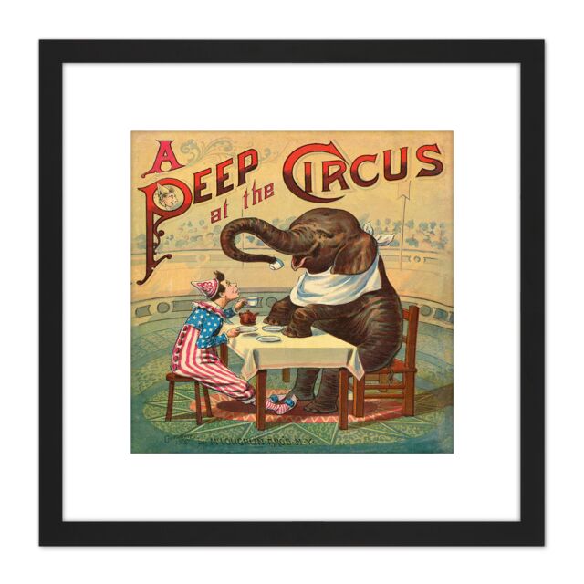 Artery8 McLoughlin Book Cover Circus 1887 Elephant Clown 8X8 Inch Square Wooden Framed Wall Art Print Picture with Mount in Black - image 1