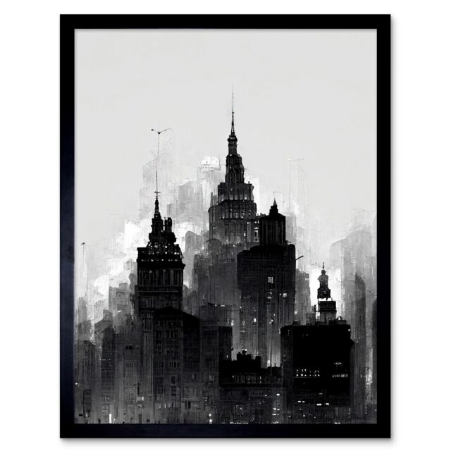 "Artery8 Wall Art Print Skyscraper Cityscape Charcoal Black White Art Framed - Size: W12"" x H16""" - image 1