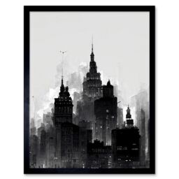 "Artery8 Wall Art Print Skyscraper Cityscape Charcoal Black White Art Framed - Size: W12"" x H16"""