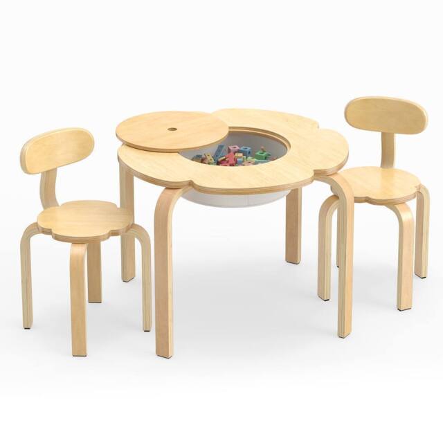 Costway Kids Table & 2 Chairs Set Activity Desk & Chair Set w/ Storage Bin in Natural - image 1