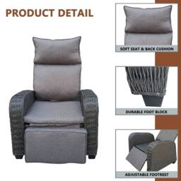 FURNITURE ONE Patio Rattan Recliner with Soft Cushion, 170 Degree Adjustable - Gray in Dark Grey - thumbnail 4