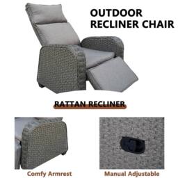 FURNITURE ONE Patio Rattan Recliner with Soft Cushion, 170 Degree Adjustable - Gray in Dark Grey - thumbnail 2