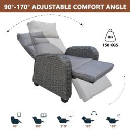 FURNITURE ONE Patio Rattan Recliner with Soft Cushion, 170 Degree Adjustable - Gray in Dark Grey - thumbnail 3