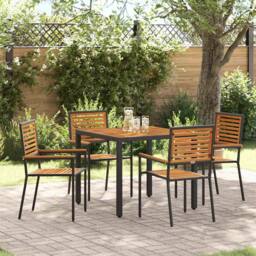 Berkfield Home 5 Piece Garden Dining Set Black Poly Rattan Acacia - thumbnail 2