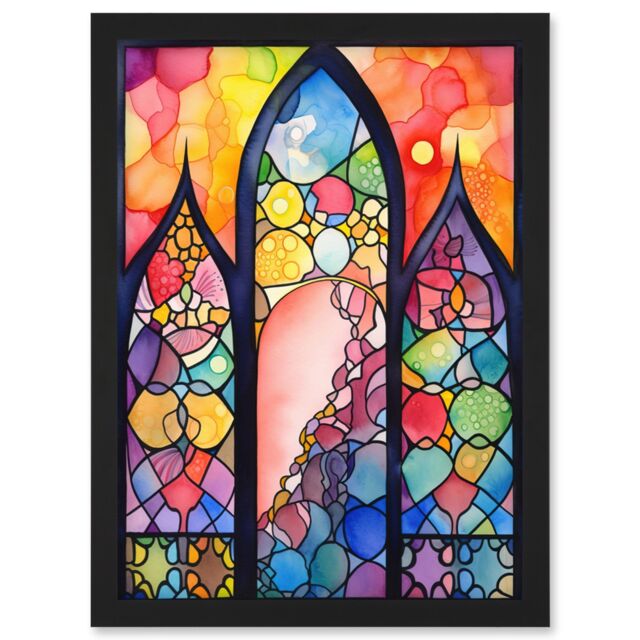 Artery8 Stained Glass Window Folk Art Abstract Artwork Framed Wall Art Print A4 in Black - image 1